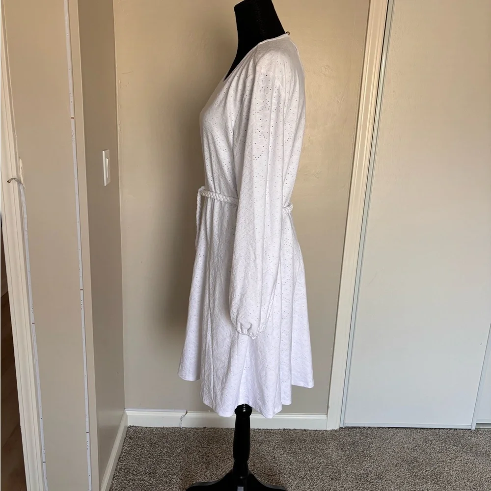 XL Michael Kors Womens White Braided Tie-Waist Eyelet Fit Flare A-Line Dress
